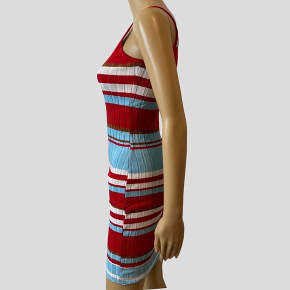 Women Ribbed Woven Bodycon Dress Small S Blue Red White Stretch Wide Stripes - Picture 4 of 15